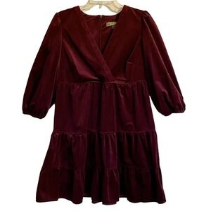 Melonie T Women's Tiered Corduroy Balloon Sleeve V-Neck Dress Wine Size …